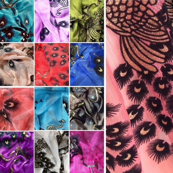 🌸 PURPLE PEACOCK EMBROIDERED SCARF LONG BOHO CHIC SHEER MULTIPURPOSE WRAP BIRD - Picture 4 of 4